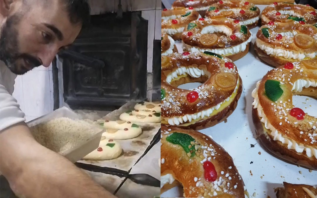 Adrián Omella elaborando los roscones de Horno Llerda de Cretas. / L.C.