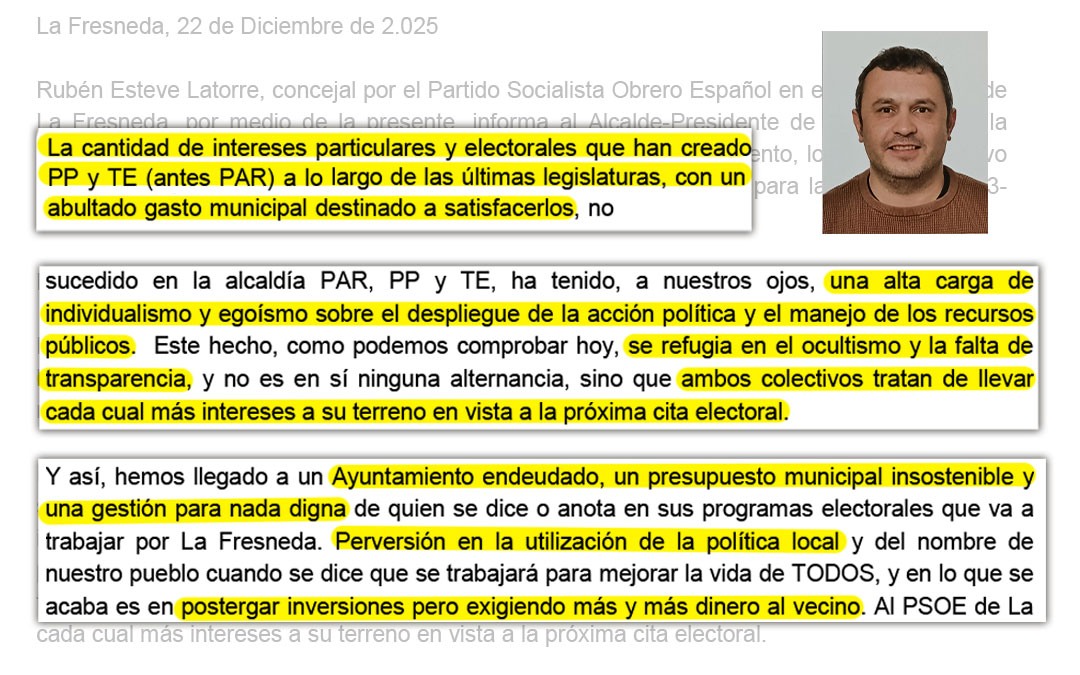 Fragmentos de la carta remitida por el concejal del PSOE Rubén Esteve para presentar su dimisión / La COMARCA