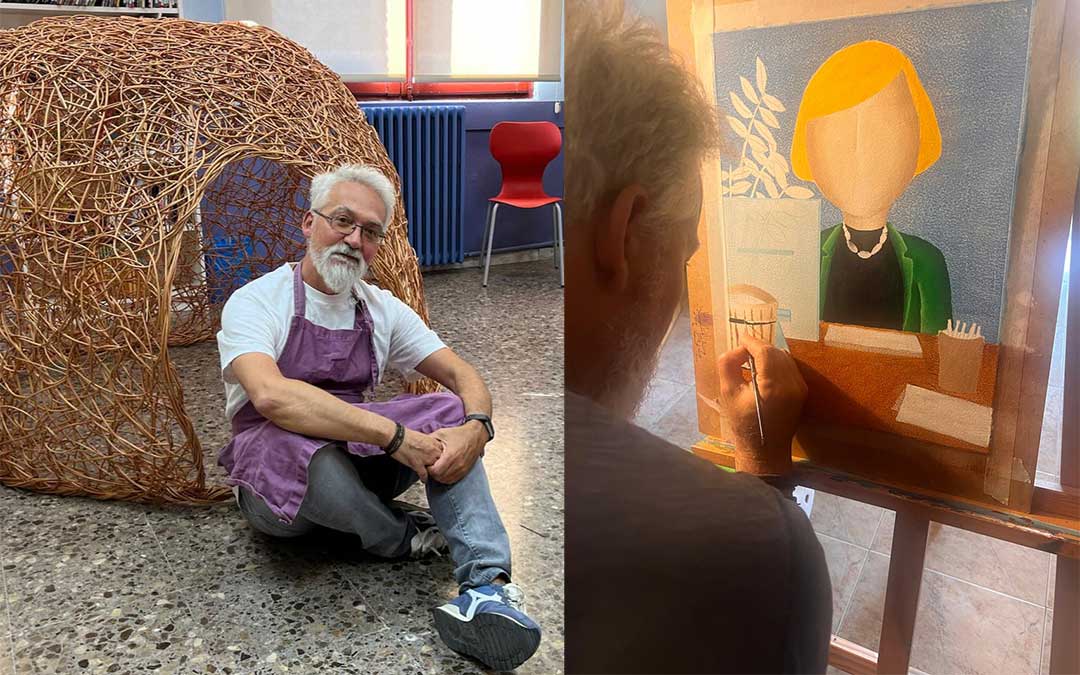 Ramón Alberto Lacasa en clase, en creación de estructuras con mimbre. A la derecha, con sus pinturas abordando una nueva obra. / Archivo personal