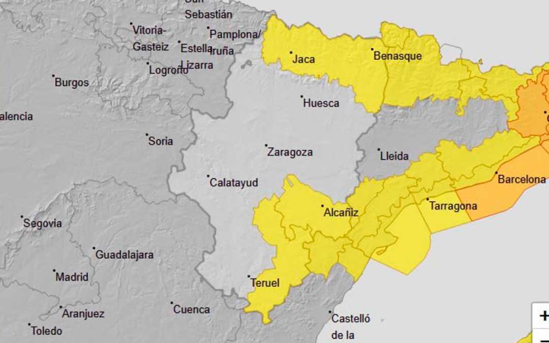 Avisos de nivel amarillo por nevadas en Gúdar y Maestrazgo, por aludes en el Pirineo oscense y por lluvias en el Bajo Aragón./ DGA
