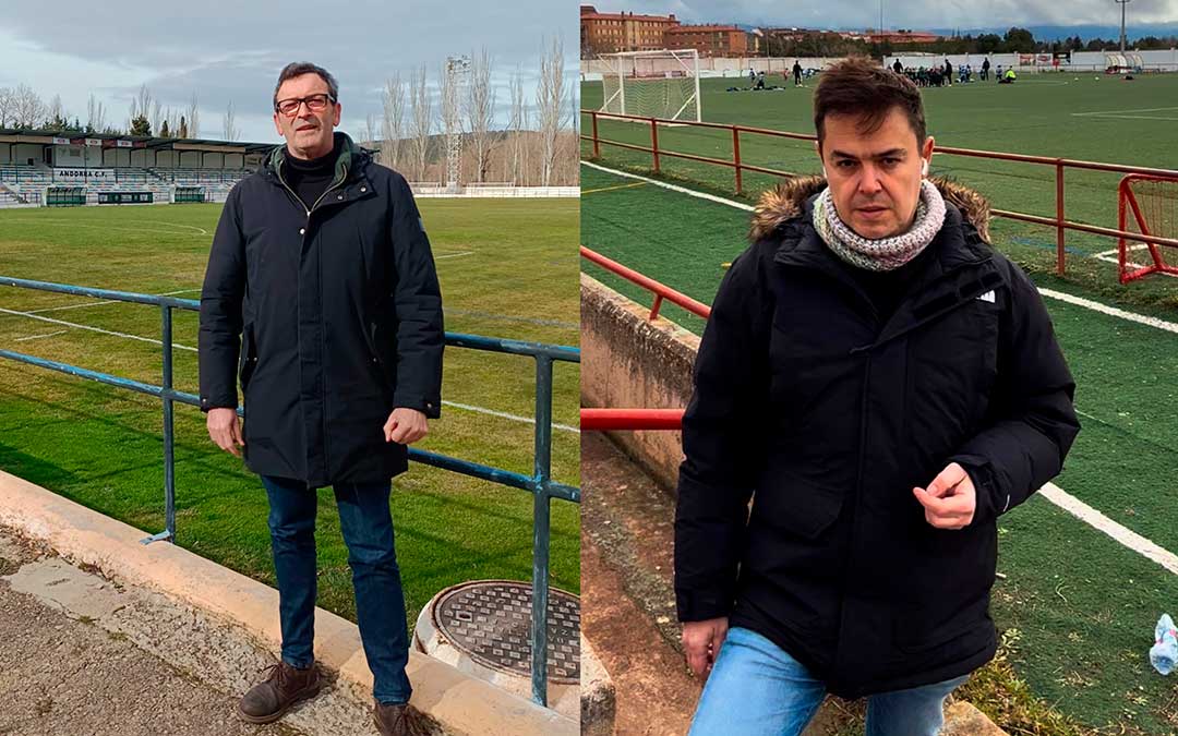 Rafael Guía en en el campo de fútbol "Juan Antonio Endeiza" de Andorra y Pedro Polo en el campo de fútbol privado de Las Viñas en Teruel / PSOE