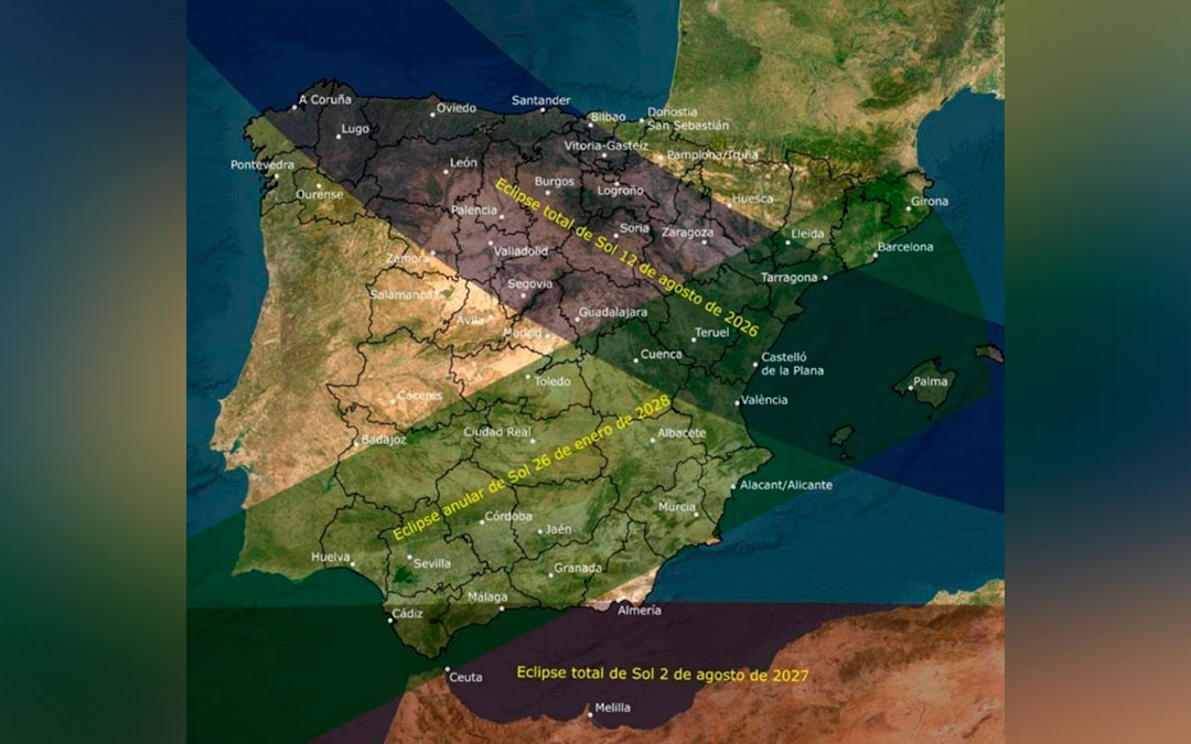 En la imagen se ven sombreadas las zonas de totalidad y de anularidad de cada uno de los eclipses en España./ Instituto Geográfico Nacional / Ministerio de Transportes.