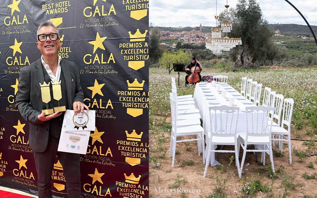 Xavier Martín, con los galardones a Mejor Hotel de Lujo y Mejor Villa Romántica en los Premios Excelencia Turística. A la derecha, una imagen del vermú musical en el campo con Valdealgorfa al fondo que preparó para Porsche Club España. / Archivo personal - Michael Romano