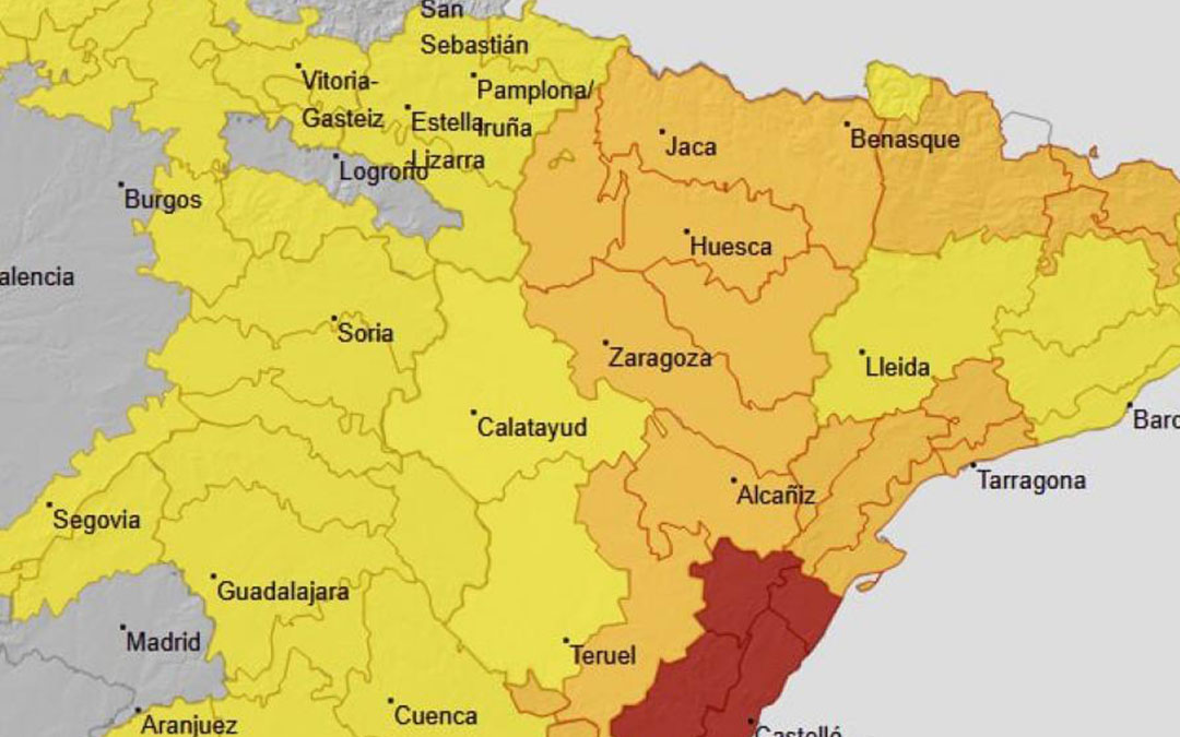 Avisos por vientos en Aragón para el sábado 14 de febrero. / AEMET