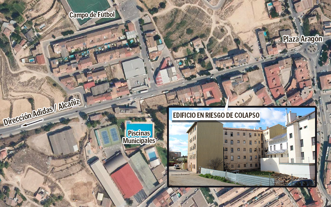 Ubicación del edificio en riesgo de colapso en Caspe, que da a tres céntricas calles. / L.C.
