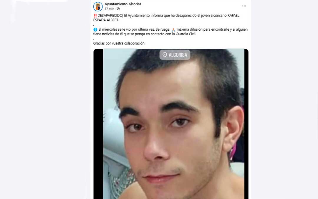 Post que ha publicado el Ayuntamiento de Alcorisa este sábado para difundir la desaparición / La COMARCA