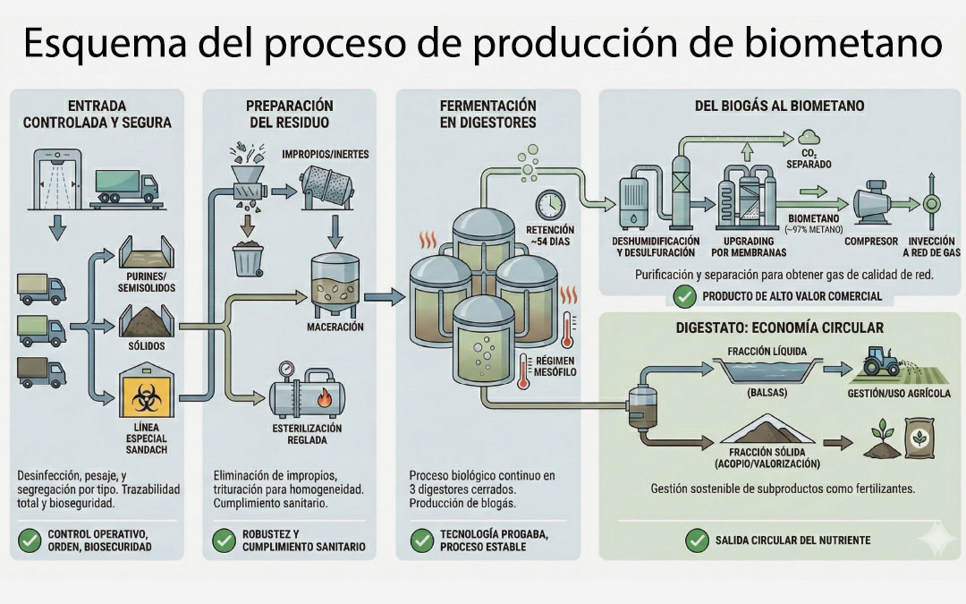 Esquema visual del proceso de producción de biometano./ Redexis
