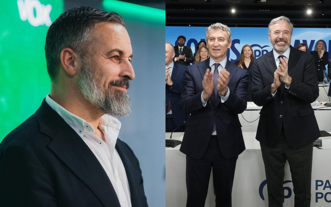 Santiago Abascal, presidente de Vox, y Alberto Núñez Feijóo y Jorge Azcón, presidente y líder aragonés del PP / L.C.