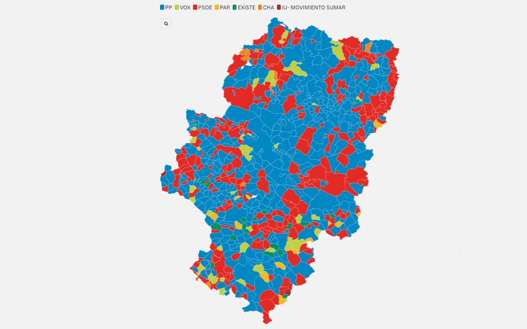 Mapa de resultados por municipios de las elecciones del 8 de febrero en Aragón. / L.C.