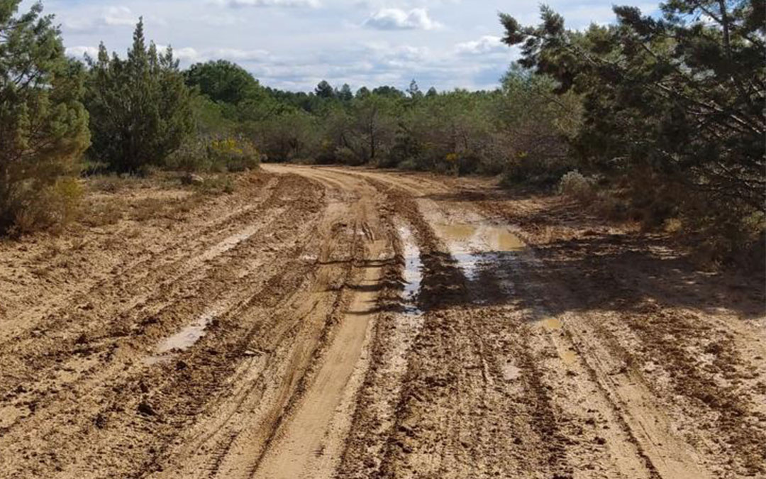 Hay varios kilómetros de caminos rurales en mal estado en Alcañiz tras el tránsito de los vehículos que participaron en el evento del Raid Auto Classic y por las abundantes lluvias registradas ese fin de semana. / Cedida