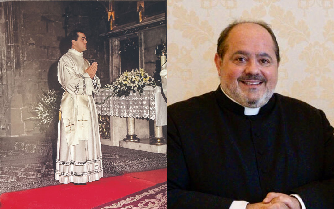En la imagen de la izquierda, Ángel Arrébola, cuando se ordenó en Caspe un 15 de febrero de 1998. En la de la derecha, como párroco de la iglesia San Valero de Zaragoza. Arrébola no ha perdido nunca su vinculación. /Archivo personal