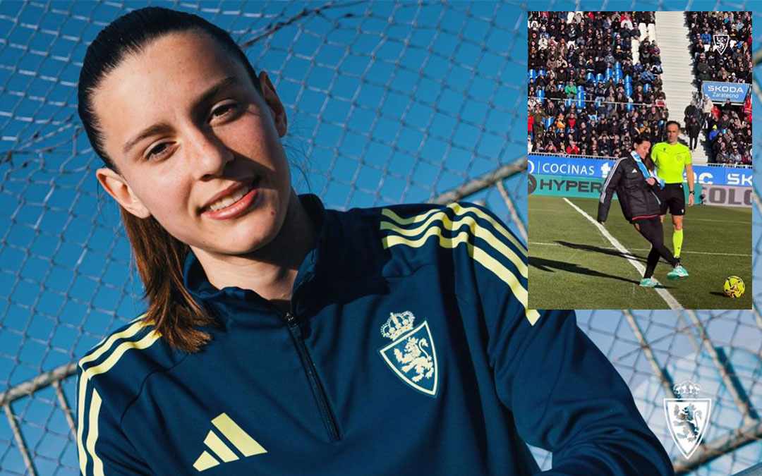 Carlota Gasión reparte su vida entre el atletismo y el Real Zaragoza juvenil. El club le encomendó el saque de honor en el partido ante el Racing en casa tras ganar el campeonato de España de atletismo Sub-16. / Real Zaragoza