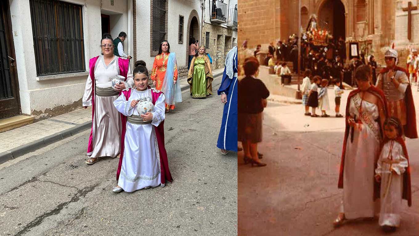 Pili y su hija Lucía como hebreas con mismo traje. A la derecha, Pili Salvador como reina infantil de los alabarderos, la única que ha habido. Tras ella, su padre que fue capitán de corneta. / Archivo personal