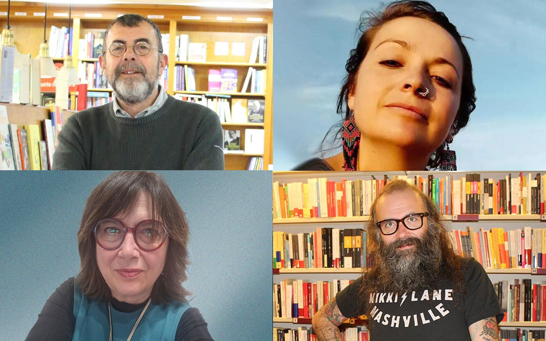 Miguel Ibáñez, Adriana Galve, Teresa Claramunt y Eugenio Ramo están al frente de las cuatro librerías del Bajo Aragón. / L.C.