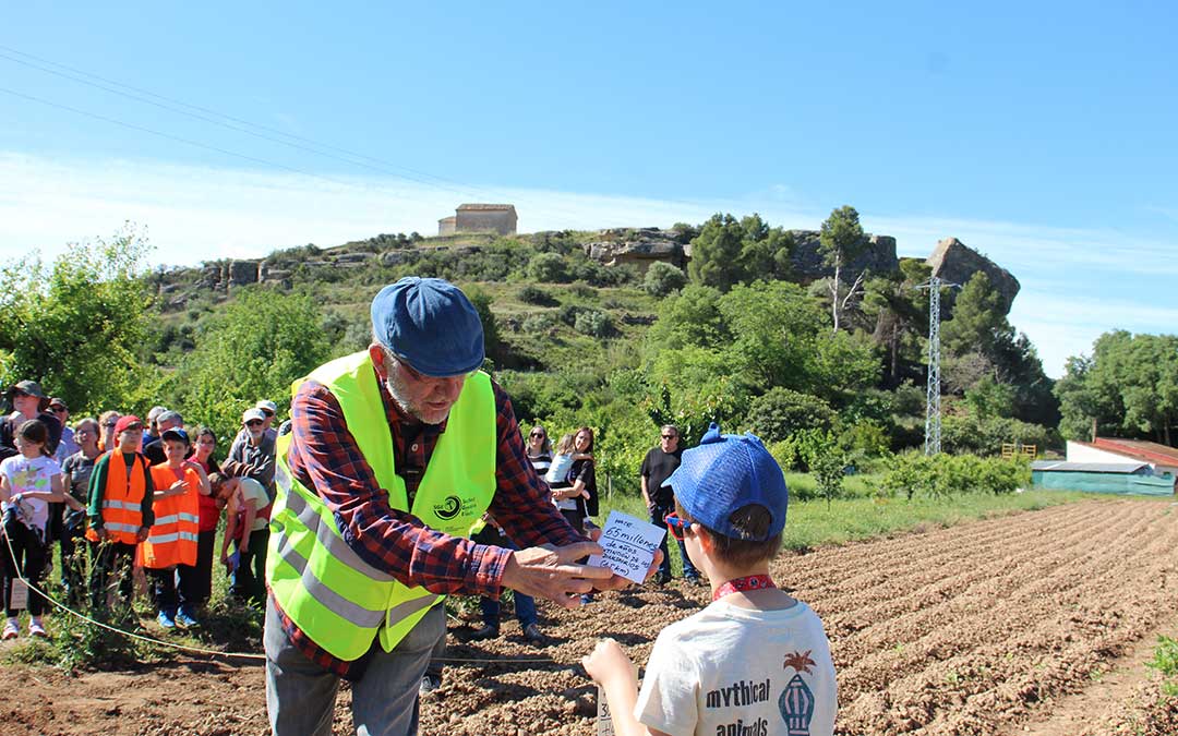 El catedrático José Luis Simón guió el Geolodía 2026 en Alcañiz ante la peña de la Encarnación. / B. Severino