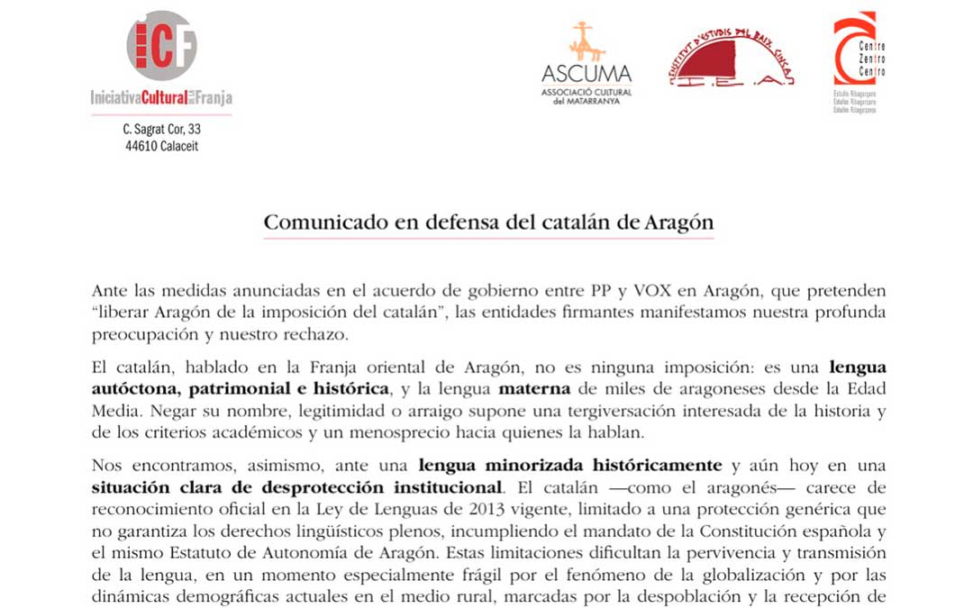Comunicado en defensa del catalán de Aragón del la Associació Cultural del Matarranya (Ascuma), el Centre d’Estudis Ribagorçans (CERib) y el Institut d’Estudis del Baix Cinca (IEBC) / La COMARCA