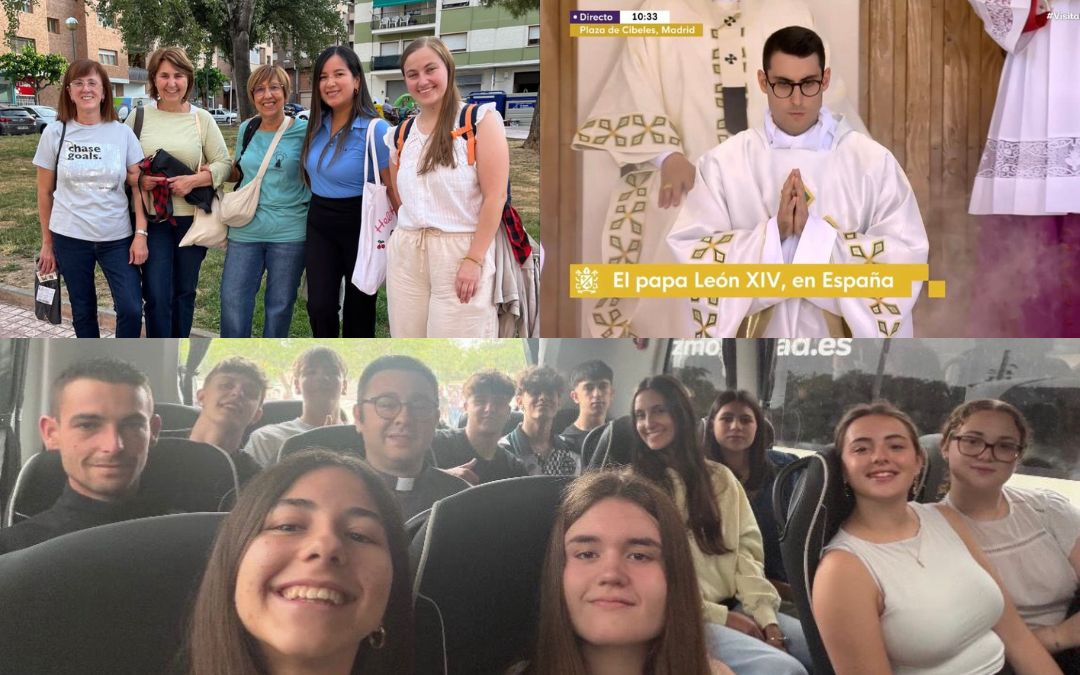 Arriba a la izquierda, peregrinas de Alcañiz; y a la derecha, el diácono de Muniesa Álvaro Simón. Abajo, el vicario parroquial de Caspe y párroco de Chiprana José Manuel Martínez junto al grupo de jóvenes que viajaron a Madrid a ver al Papa / L. C.