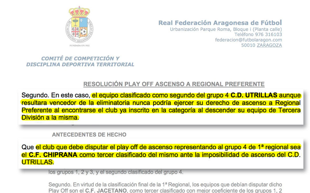 Documento del Comité de Competición y Disciplina Deportiva Territorial de la Real Federación Aragonesa de Fútbol / Cedida