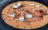 Salmorejo de sandía, tomate y cerezas con virutas de jamón de Teruel y perlas de mozzarella