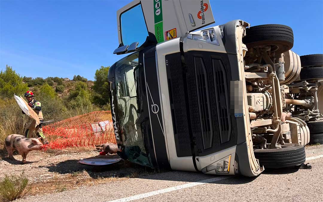 El camión volcado en una curva ha ralentizado el tráfico. / P.R.