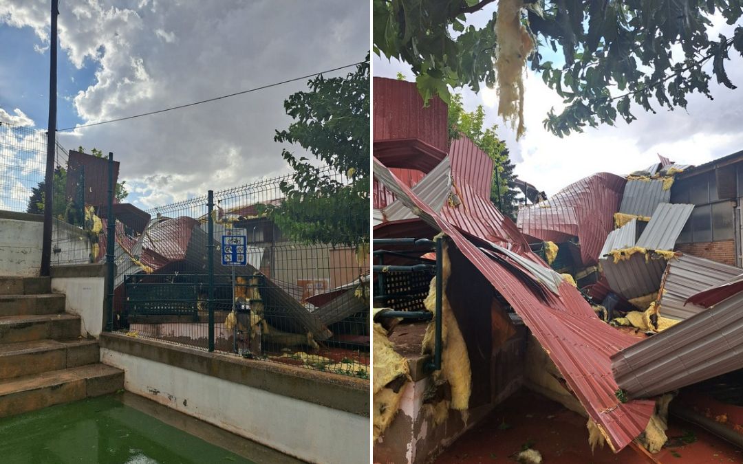 Varias perspectivas del techo arrancado del pabellón municipal de Castelserás./ Cedida