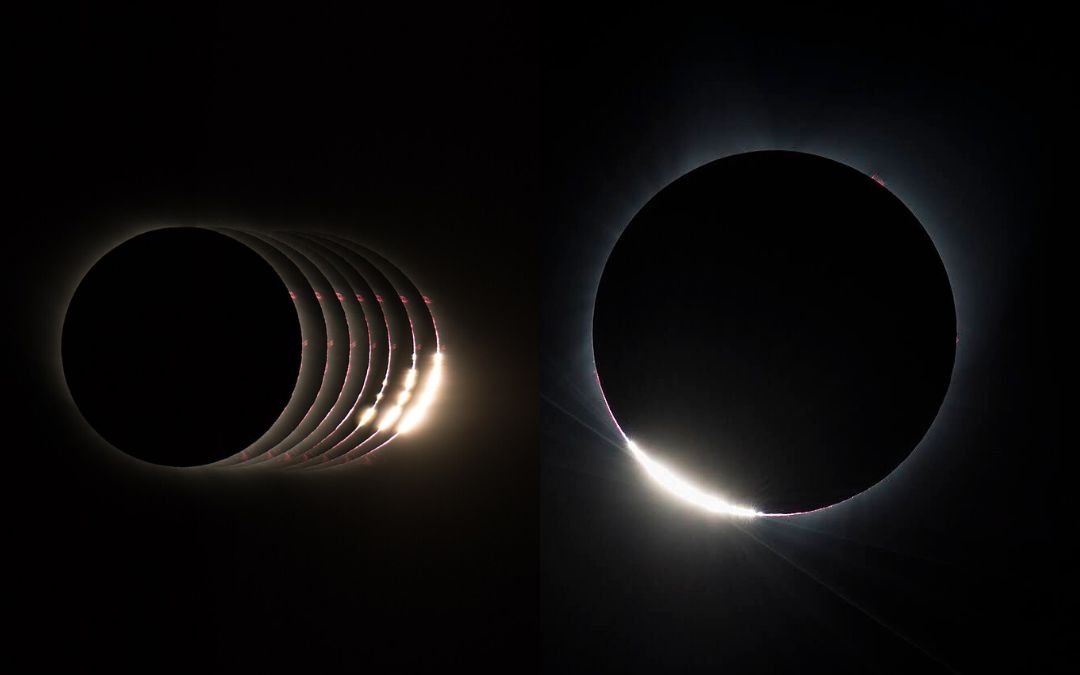 A la izquierda, las perlas de Baily en varias fases; a la derecha el Anillo de Diamante./ NASA