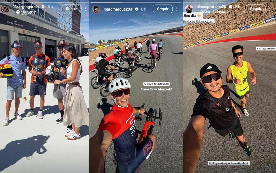 Marc Marquez rodando con su bici en Motorland, los pilotos de KTM con Amanda gala y Vada Patrama corriendo en el circuito/ Instagram