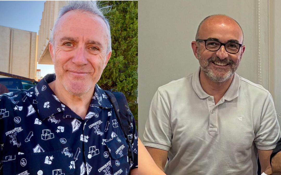 Jesús Vílches, delegado CSIF Teruel, a la izquierda; y Marco Palacio, representante Aragón CSIF, a la derecha./ Twitter CSIF Teruel y Archivo de Palacio