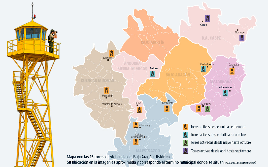 Mapa con las 15 torres de vigilancia del Bajo Aragón Histórico / Jorge Pérez. Fuente: DGA