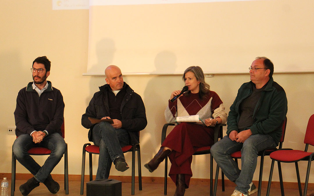 Sebastián Baraja, de Treehood en Andorra; Gerardo Oliver, de Maderas Oliver Sorribas de Cantavieja; Eva Defior, directora de La COMARCA y moderadora; y Ricardo Gil, de Gil Forestal SL de Peñarroya de Tastavins. / B. Severino