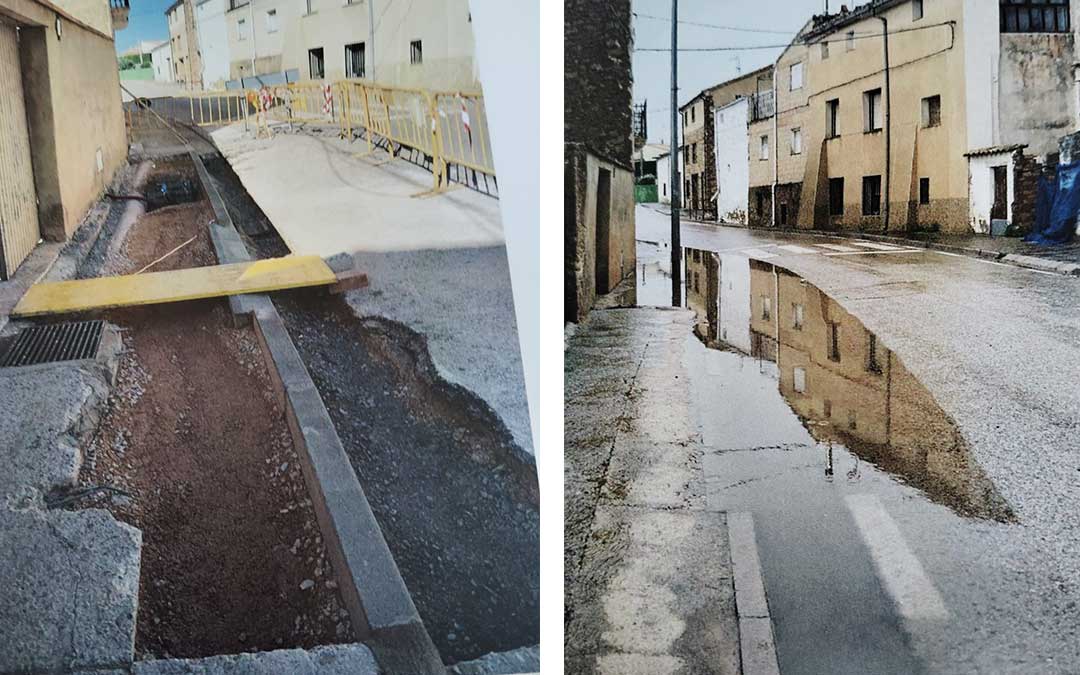 Obras y embolsamiento de agua en la calzada que termina en las viviendas. / LC