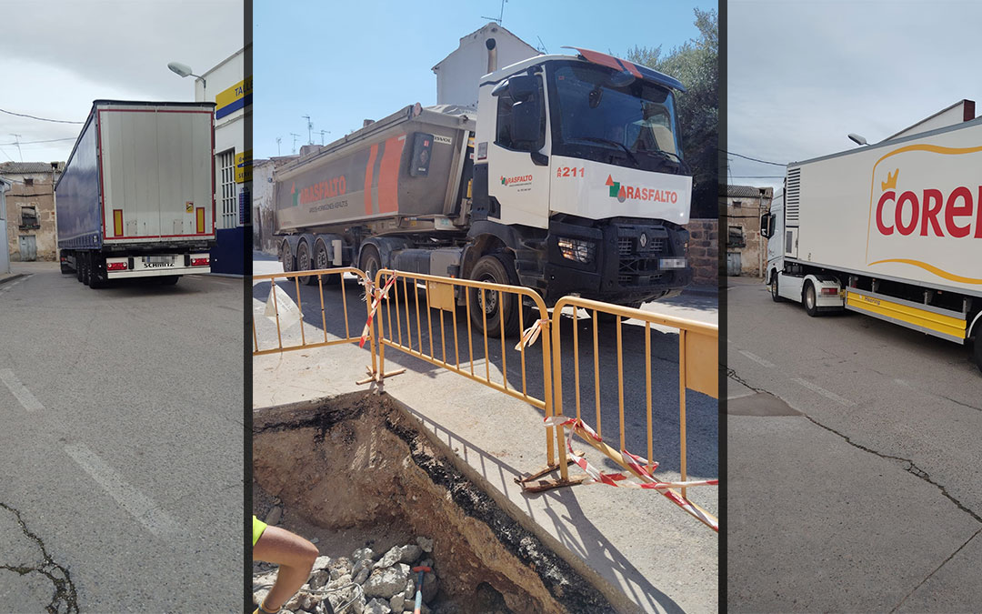 Tráfico pesado que cruza por la A-224 a su paso por el casco urbano de Samper de Calanda. / LC